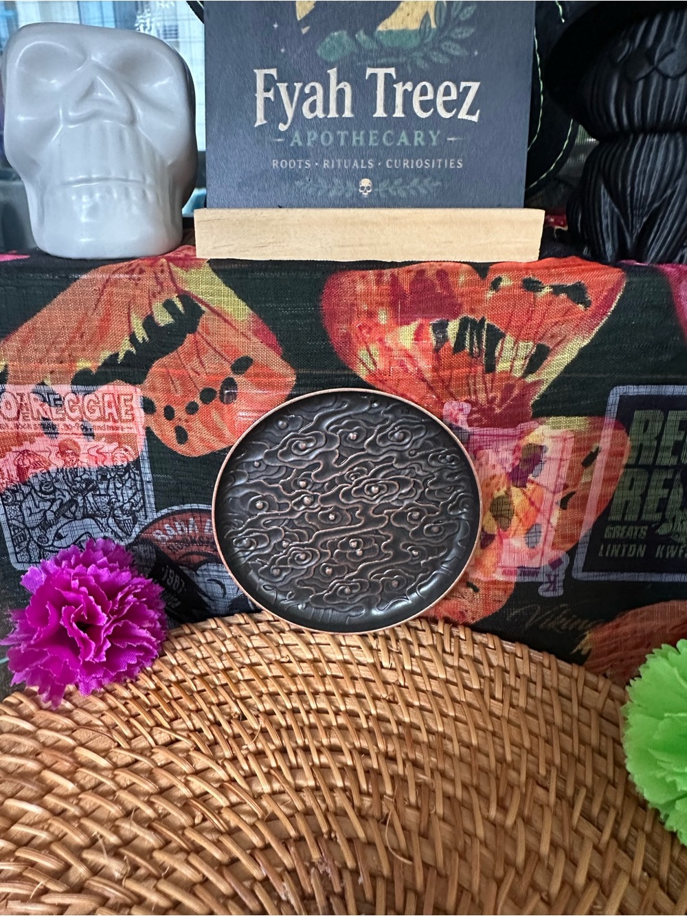 Black & Copper Floral Ritual Dish – Metal Altar Tray